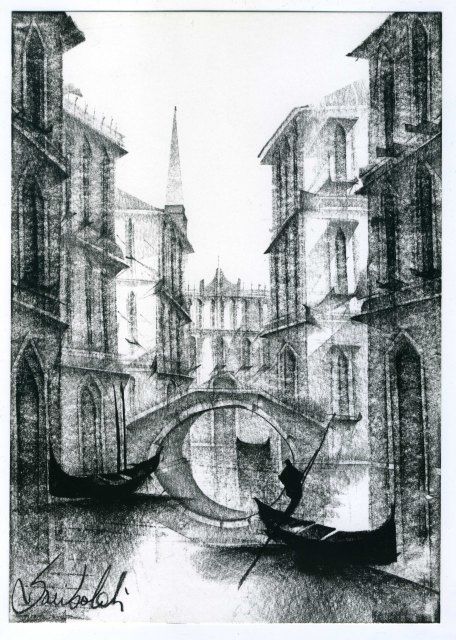 Drawing titled "Canal scene, Origin…" by Maria Teresa Mulatti Garibaldi, Original Artwork