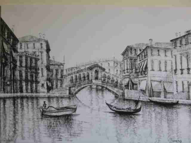Dessin intitulée "Ponte di Rialto, Ve…" par Maria Teresa Mulatti Garibaldi, Œuvre d'art originale