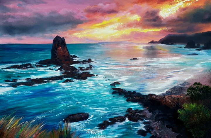 Malarstwo zatytułowany „Sunset Bay” autorstwa Ольга Базанова, Oryginalna praca, Olej