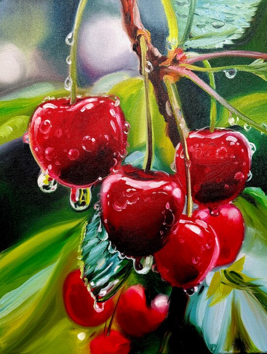Painting titled "Ripe cherry" by Olga Bazanova, Original Artwork, Oil