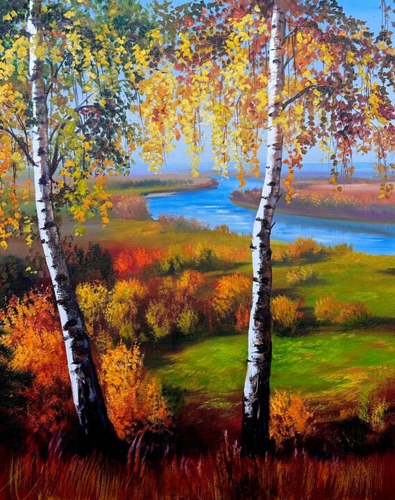 Pintura intitulada "Autumn Birches" por Olga Bazanova, Obras de arte originais, Óleo