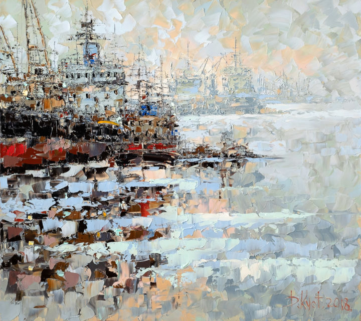 Schilderij getiteld "In the port" door Dmitry Kustanovich, Origineel Kunstwerk, Olie Gemonteerd op Frame voor houten brancard