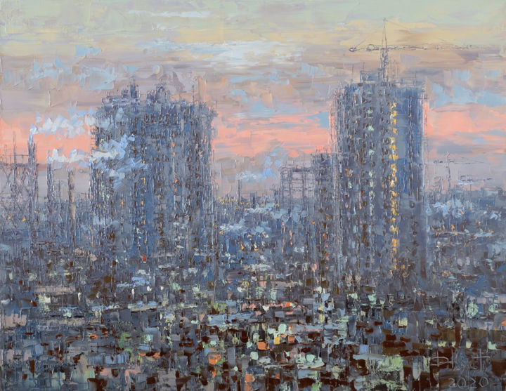 Peinture intitulée "Evening over the ci…" par Dmitry Kustanovich, Œuvre d'art originale, Huile Monté sur Châssis en bois