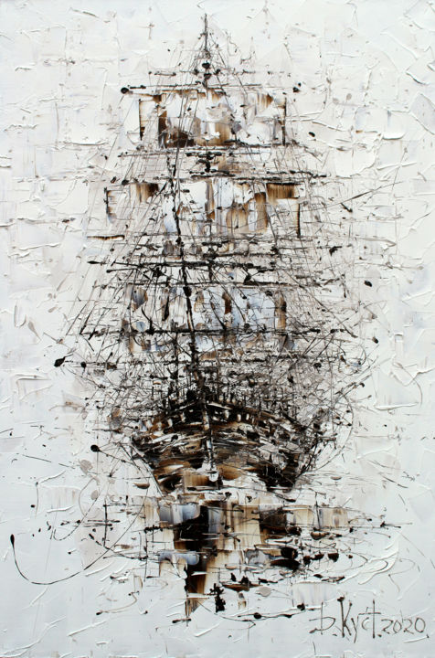 Painting titled "Sailboat" by Dmitry Kustanovich, Original Artwork, Oil Mounted on Wood Stretcher frame