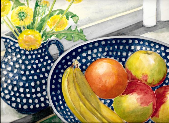 Painting titled "Obst,Keramik und Bl…" by Gallery Schöneweide, Original Artwork, Watercolor