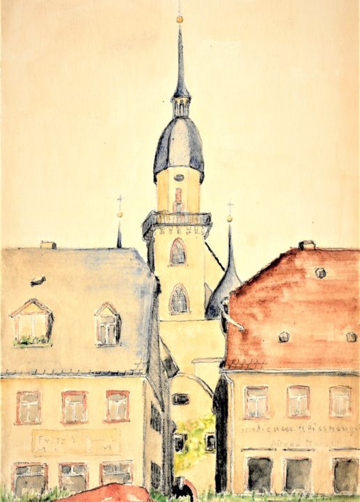 Картина под названием "Stadtbild mit Kirche" - Gallery Schöneweide, Подлинное произведение искусства, Акварель
