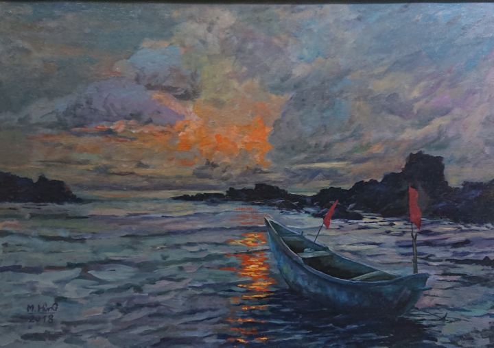 Pintura titulada "Dawn on Quynh sea" por Hùng Phạm, Obra de arte original, Oleo