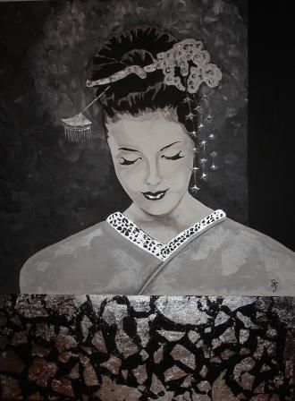 Peinture intitulée "Geisha noir et arge…" par Stéphanie Gallier, Œuvre d'art originale, Huile