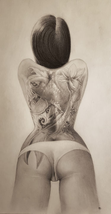 Dessin intitulée "Jeune femme tatouée" par Marc Boutin, Œuvre d'art originale, Crayon