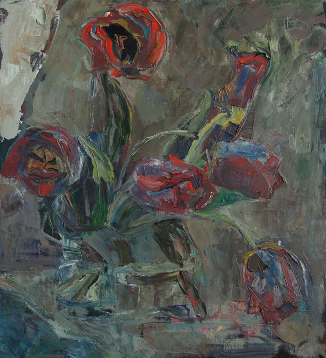 Painting titled "Tulips" by Hanna Furs, Original Artwork, Oil