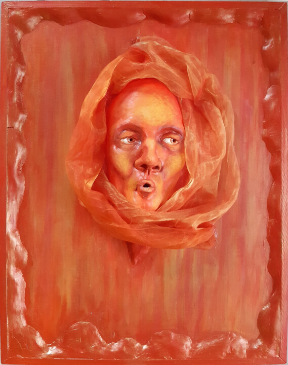 "Orange désert" başlıklı Heykel Elodie Bedon (Garance Be.) tarafından, Orijinal sanat, Kil Ahşap Sedye çerçevesi üzerine mon…