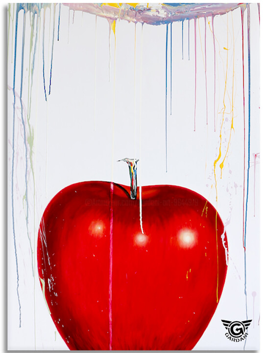 Painting titled "Red Apple" by Gardani, Original Artwork, Oil Mounted on Wood Stretcher frame