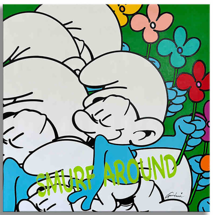 Painting titled "Smurf Around" by Gardani, Original Artwork, Acrylic Mounted on Wood Stretcher frame