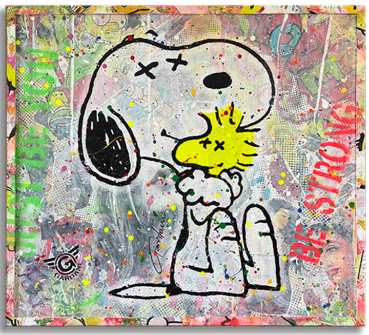 Painting titled "Snoopy a Hug for Yo…" by Gardani, Original Artwork, Acrylic Mounted on Wood Stretcher frame