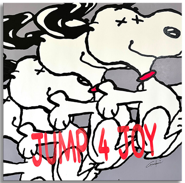 Painting titled "Jump for Joy Snoopy" by Gardani, Original Artwork, Acrylic Mounted on Wood Stretcher frame