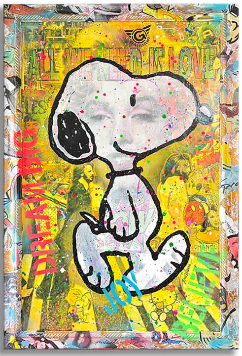 Painting titled "About Snoopy" by Gardani, Original Artwork, Acrylic Mounted on Wood Stretcher frame