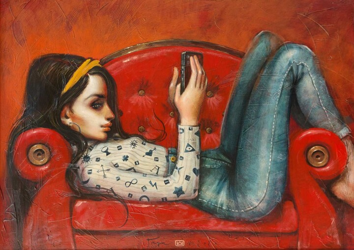 Painting titled "On the couch" by Gari Angelov (Gary), Original Artwork, Acrylic Mounted on Wood Stretcher frame