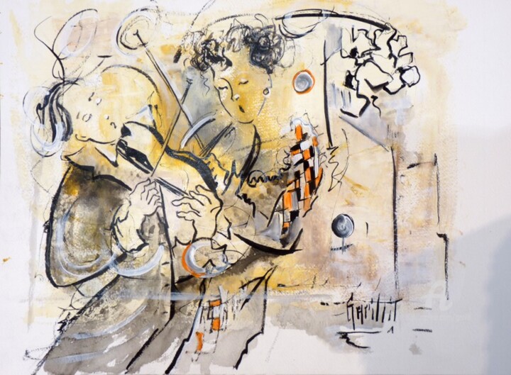 Disegno intitolato "40x50- Duo amoureux…" da Nicole Garilli, Opera d'arte originale, Inchiostro