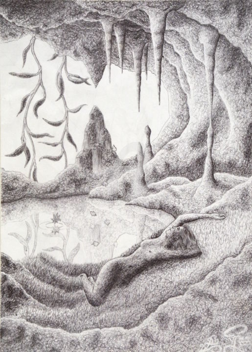 Drawing titled "Grotto" by Garnfinger, Original Artwork, Ballpoint pen