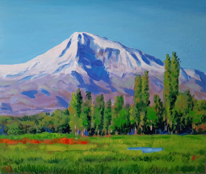 Painting titled "Ararat" by Garry Arzumanyan, Original Artwork, Oil Mounted on Wood Stretcher frame