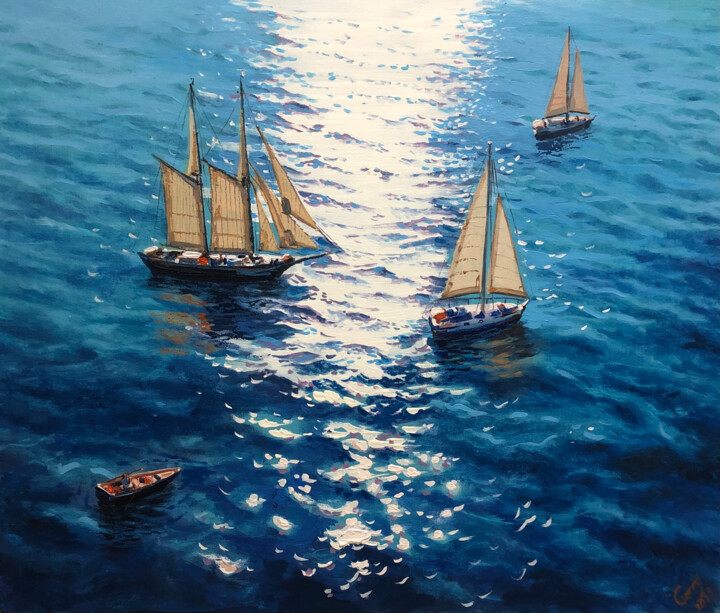 Картина под названием "Seascape with sailb…" - Garry Arzumanyan, Подлинное произведение искусства, Масло Установлен на Дерев…