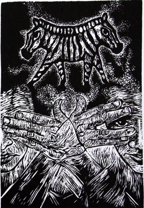 Printmaking titled "Hypocrisy" by Gary Frier, Original Artwork, Linocuts Mounted on Other rigid panel