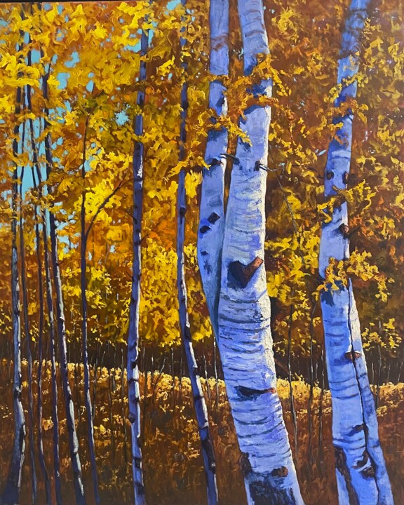 Painting titled "Herbst in Birkenwald" by Gary Westall, Original Artwork, Oil Mounted on Wood Stretcher frame