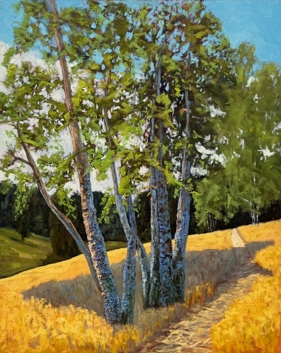 Malerei mit dem Titel "Edeltrauds Birken I…" von Gary Westall, Original-Kunstwerk, Öl