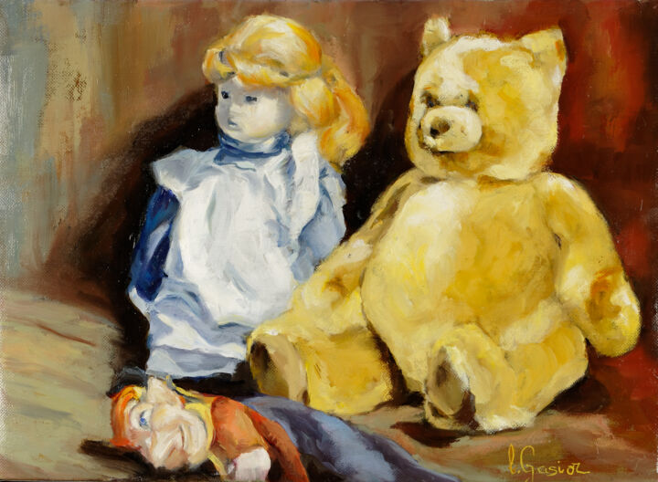 Malerei mit dem Titel "L'ours et la poupée" von Laurence Gasior, Original-Kunstwerk, Öl Auf Keilrahmen aus Holz montiert