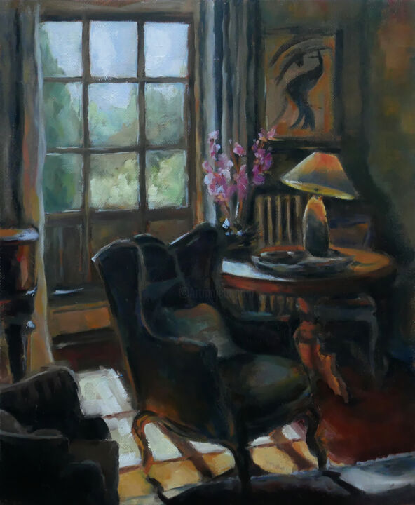 Painting titled "Le fauteuil à oreil…" by Laurence Gasior, Original Artwork, Oil Mounted on Wood Stretcher frame