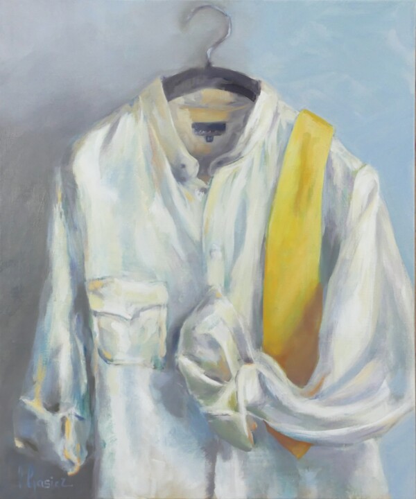 Ζωγραφική με τίτλο "la cravate jaune" από Laurence Gasior, Αυθεντικά έργα τέχνης, Λάδι Τοποθετήθηκε στο Ξύλινο φορείο σκελετό