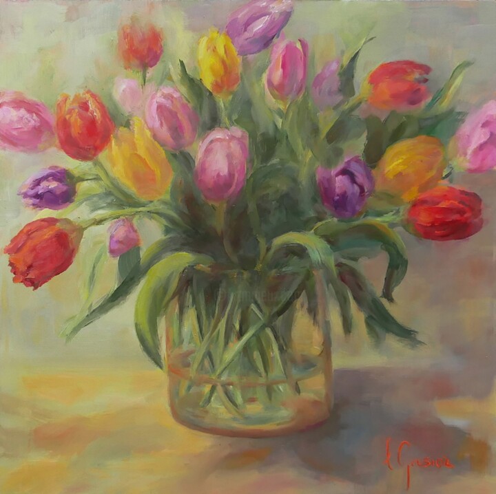 Peinture intitulée "les tulipes multico…" par Laurence Gasior, Œuvre d'art originale, Huile