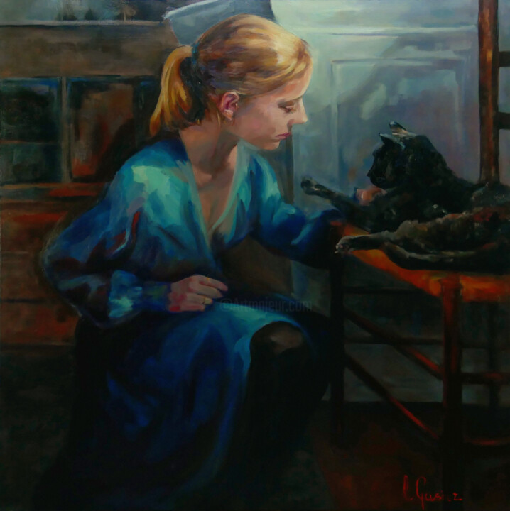 Painting titled "Le reveil du chat" by Laurence Gasior, Original Artwork, Oil