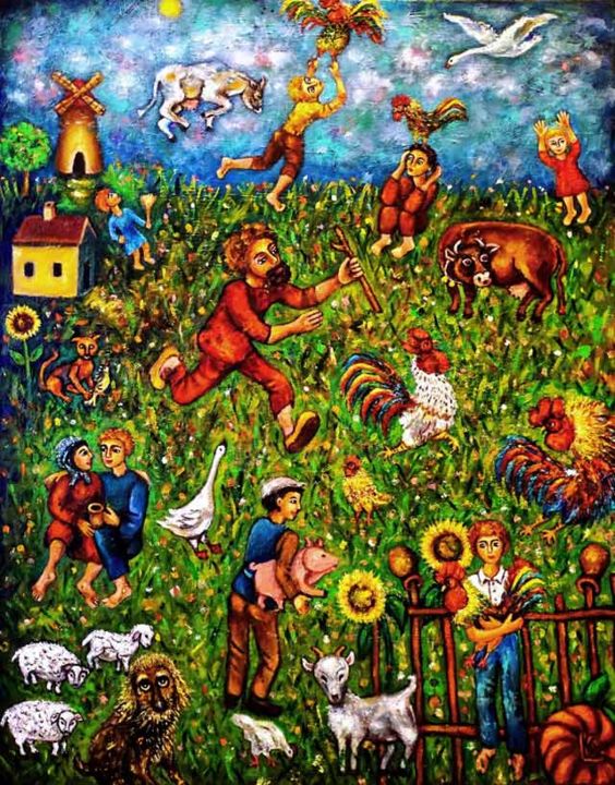 Painting titled "Village Hurly-Burly" by Gasparian, Original Artwork, Oil