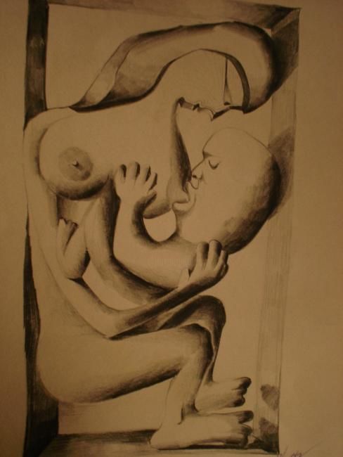 Dessin intitulée "Mama con bebe" par Alejandro Maass, Œuvre d'art originale