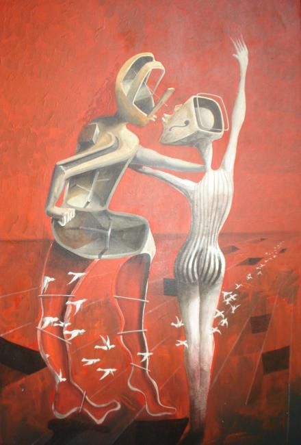 Painting titled "Beso fondo rojo" by Alejandro Maass, Original Artwork