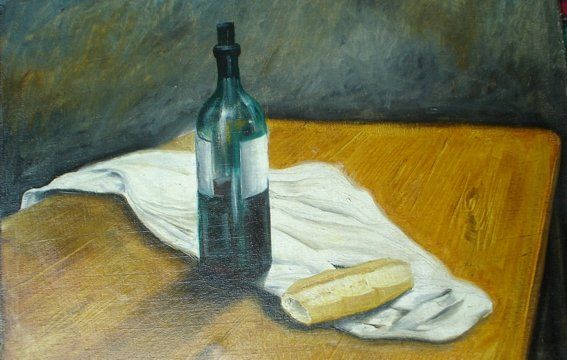 Painting titled "Botella y pan" by Alejandro Maass, Original Artwork