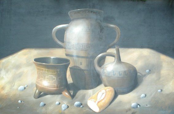 Painting titled "Jarrones con pan" by Alejandro Maass, Original Artwork