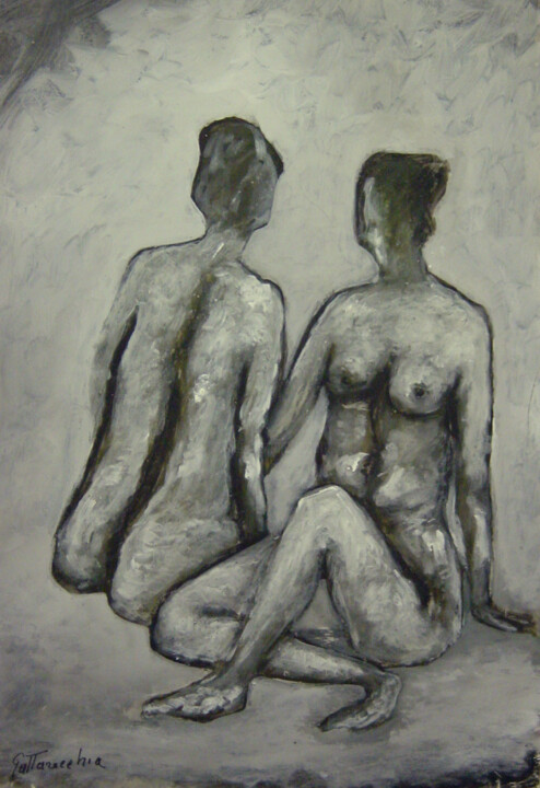 Painting titled "Le Amiche III" by Gattavecchia, Original Artwork, Tempera Mounted on Wood Stretcher frame