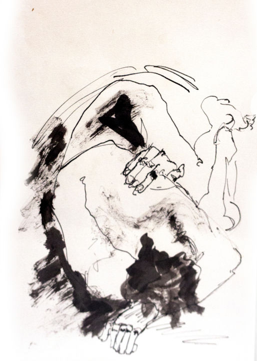 「Homme en boule」というタイトルの描画 Isabelle Gauvinによって, オリジナルのアートワーク, インク