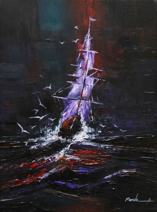 Painting titled "Stormy Night" by Ahmed Mande, Original Art, Acrylic Mounted on Stretcher frame