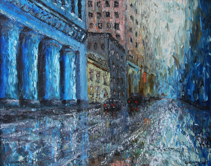 Pittura intitolato "rainy town.jpg" da Denis Gavlinsky, Opera d'arte originale, Olio