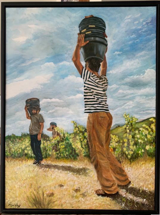 Painting titled "Vendanges" by Olga Gay, Original Artwork, Oil Mounted on Wood Stretcher frame