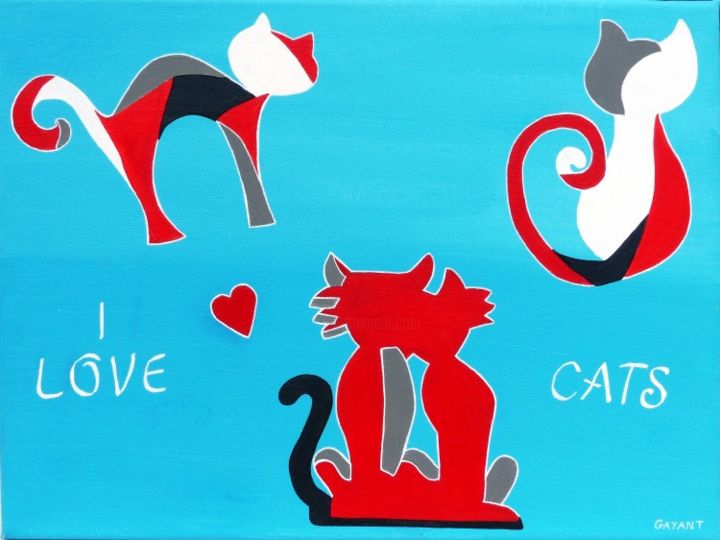 Painting titled "Amours de chats" by Gayant, Original Artwork, Oil