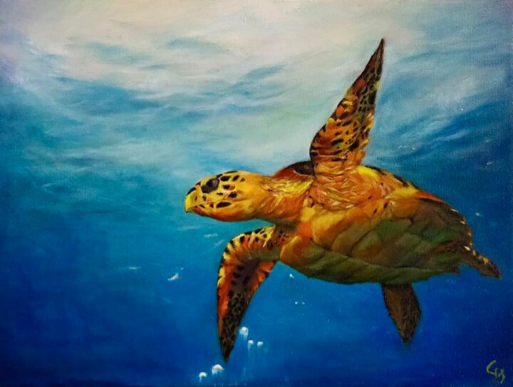 Картина под названием "The Sea Turtle" - Gayathri Seshadri, Подлинное произведение искусства, Масло