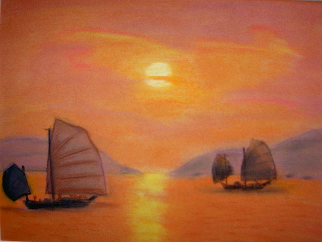Painting titled "South Sea Sunset" by Gaye Hunter-Gornall, Original Artwork, Oil