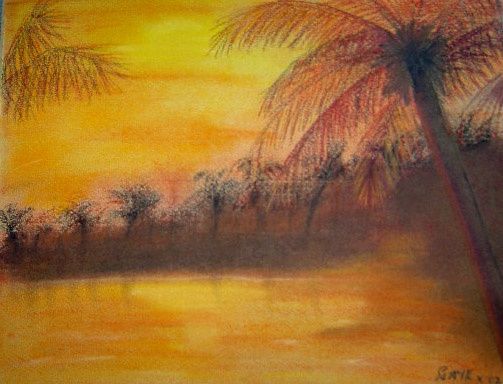 Painting titled "Sunset palms" by Gaye Hunter-Gornall, Original Artwork, Oil