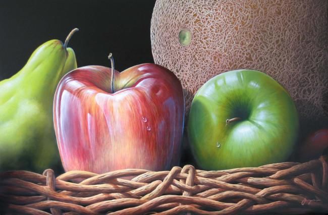 Peinture intitulée "Frutas sobre Canasto" par Juan Carlos Gayoso, Œuvre d'art originale, Huile
