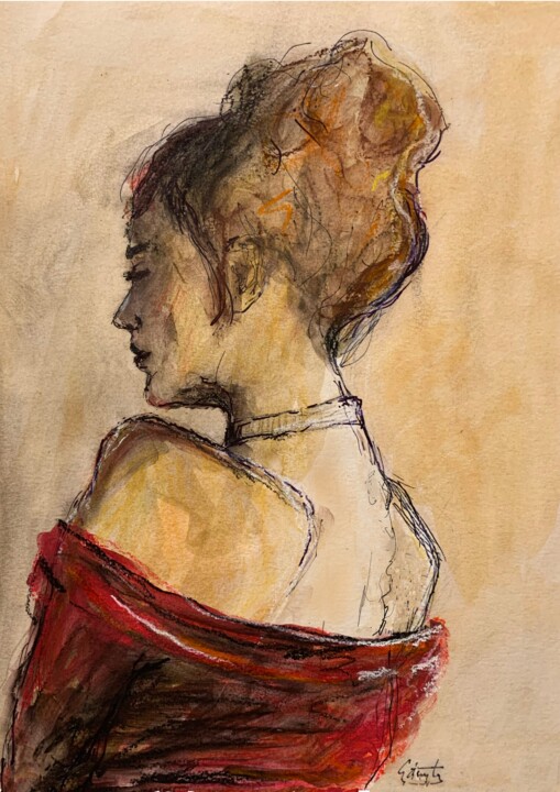 Painting titled "Woman in red dress" by Gázsity Barbara, Original Artwork, Watercolor