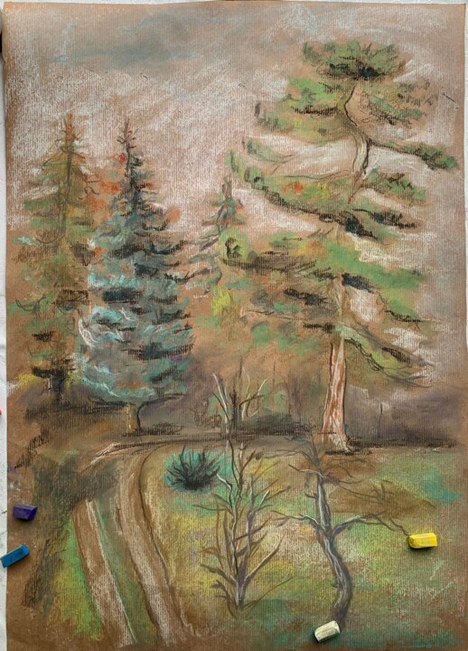 Rysunek zatytułowany „pines with chalks” autorstwa Gázsity Barbara, Oryginalna praca, Pastel